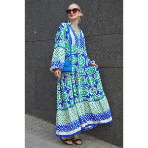 Madmext Blue V-Neck Long Sleeve Patterned Dress