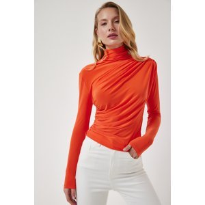 Happiness İstanbul Women's Orange Gathered Detailed High Neck Sandy Blouse