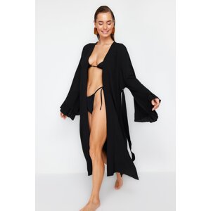 Trendyol Black Belted Maxi Woven Ruffled 100% Cotton Kimono & Kaftan