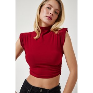 Happiness İstanbul Women's Burgundy High Neck Gathered Crop Knitted Blouse