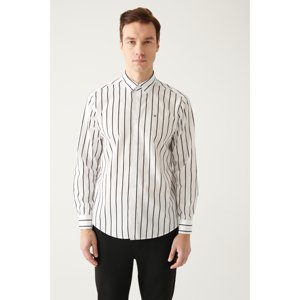 Avva Men's White Striped 100% Cotton Button Collar Standard Fit Regular Cut Poplin Shirt