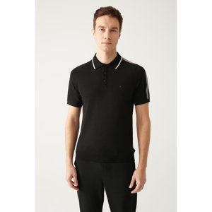 Avva Men's Black Polo Neck Stripe Detailed Shoulder Ribbed Standard Fit Regular Cut Knitwear T-shirt