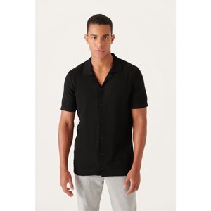 Avva Men's Black Cuban Collar Buttoned Standard Fit Normal Cut Knitwear T-shirt
