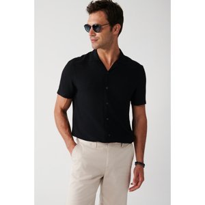 Avva Men's Black 100% Viscose Open Collar Short Sleeve Standard Fit Regular Cut Shirt