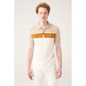 Avva Men's Beige Polo Neck Zippered Ribbed, Color Block Slim Fit Slim Fit Knitwear T-shirt