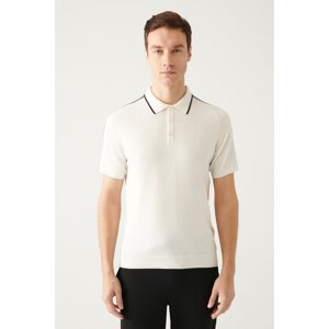 Avva Men's White Polo Neck Shoulder Stripe Detailed Ribbed Regular Fit Knitwear T-shirt