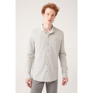 Avva Men's Gray 100% Cotton Classic Collar Pocket Regular Fit Knitted Shirt