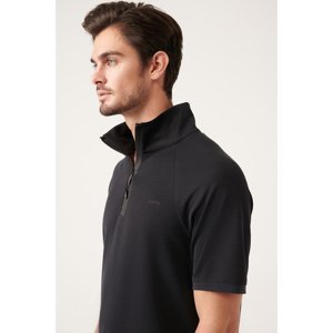 Avva Men's Black High Neck Half Zipper Printed Soft Touch Standard Fit Regular Cut T-shirt