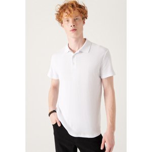 Avva Men's White Polo Neck Jacquard T-shirt