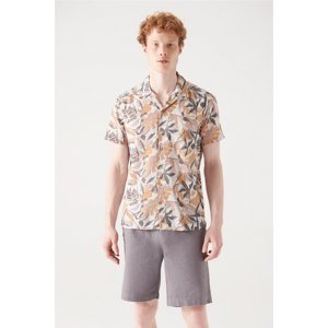 Avva Men's Light Brown Printed Short Sleeve Cotton Shirt