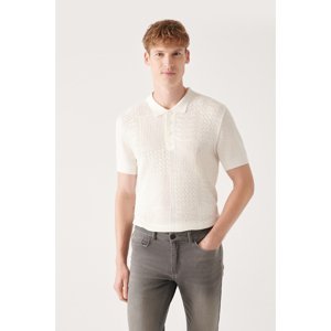 Avva Men's White Cotton Polo Neck Front Size Openwork Patterned Ribbed Regular Fit Knitwear T-shirt