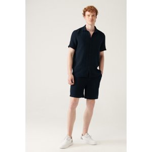 Avva Men's Navy Blue Fleto Pocket Elastic Waist Shorts