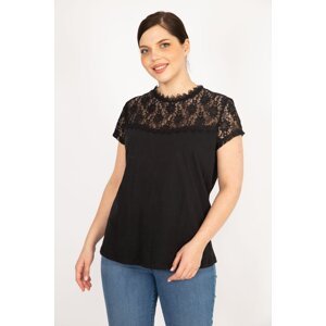 Şans Women's Black Large Size Cotton Fabric Lace Blouse with Front Cloth and Sleeves