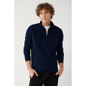 Avva Men's Navy Blue Fleece Sweatshirt Stand Collar Cold Resistant Half Zipper Regular Fit