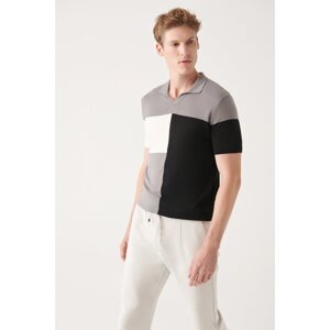 Avva Men's Gray Cotton Buttonless Polo Neck Block Color Ribbed Standard Fit Regular Cut Knitwear T-shirt A3