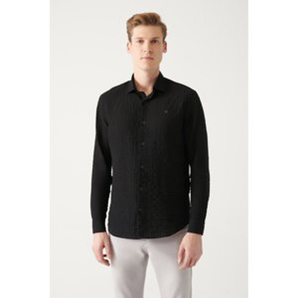 Avva Men's Black Embossed Cotton Classic Collar Standard Fit Normal Cut Shirt