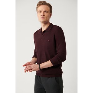 Avva Men's Claret Red Knitwear Sweater 3 Buttoned Polo Collar Regular Fit