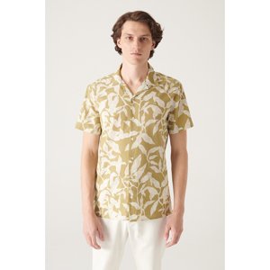 Avva Men's Oil Green Printed Short Sleeve Cotton Shirt