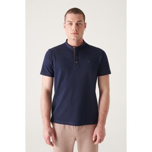 Avva Men's Navy Blue Suede Detailed Large Collar T-shirt