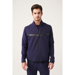 Avva Men's Navy Blue Interlock Fabric Stand Collar Printed Standard Fit Regular Cut Sweatshirt