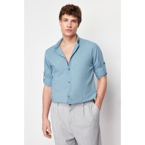 Trendyol Blue Slim Fit Buttoned Collar Epaulette 100% Cotton Shirt