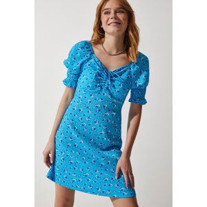 Happiness İstanbul Women's Light Blue Gathered V-Neck Patterned Knitted Dress