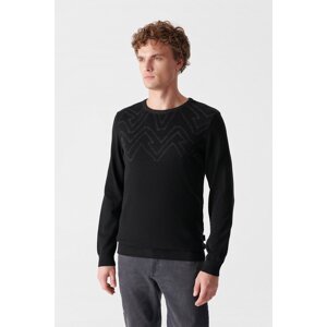 Avva Men's Black Crew Neck Jacquard Sweater