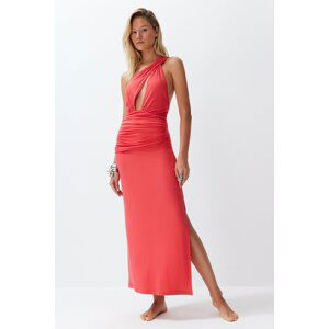 Trendyol Red Fitted Maxi Knitted Cut Out/Window One Shoulder Beach Dress