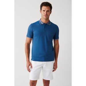Avva Men's Indigo Non-Curling Collar Pocket Standard Fit Regular Cut 2-Button Polo Collar T-shirt