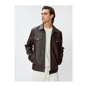 Koton Leather Look Jacket Classic Collar Pocket Detailed Zipper