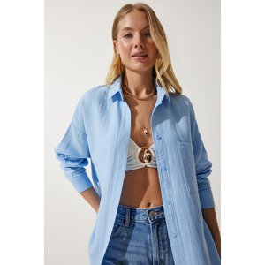 Happiness İstanbul Women's Sky Blue Pocket Oversize Muslin Shirt