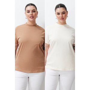 Trendyol Curve Beige-Mink 2-Pack 100% Cotton Basic Stand Collar Knitted T-Shirt