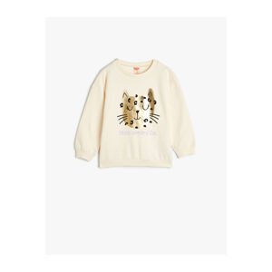 Koton Sweatshirt Long Sleeve Crew Neck Shiny Cat Printed Cotton Cotton