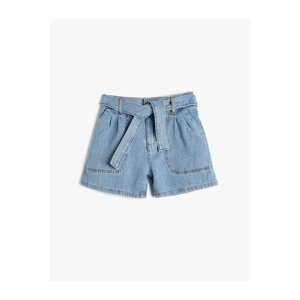 Koton Denim Shorts with Belt Detail Pocket, Cotton Cotton with Elastic Waist.