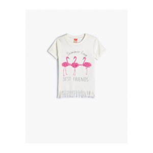 Koton Short Sleeve Tasseled T-Shirt Crew Neck Appliqué Flamingo Printed Cotton