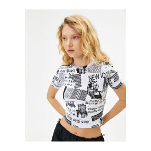 Koton Printed Crop T-Shirt Slim Fit Short Sleeve Crew Neck Cotton