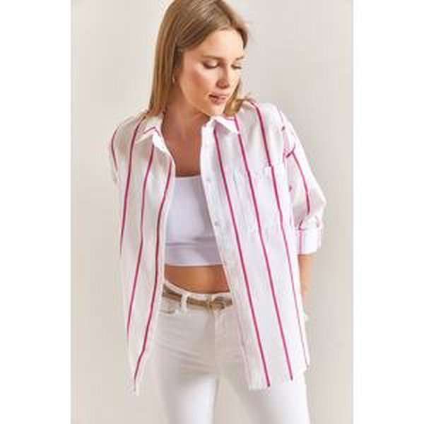 Bianco Lucci Women's Single Pocket Striped Oversize Shirt