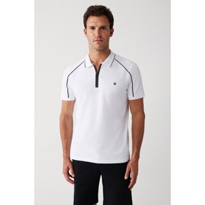 Avva Men's White 100% Cotton Shoulder Piping Zippered Standard Fit Regular Cut Polo Neck T-shirt
