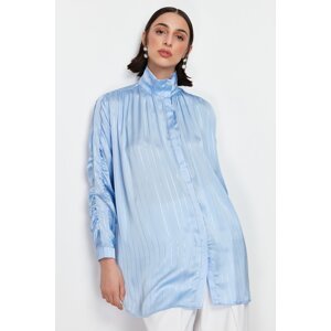 Trendyol Blue Glitter Striped Sleeve Gathered Woven Shirt