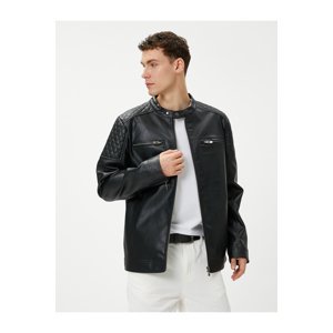 Koton Leather Look Jacket Round Neck Pocket Detailed Zipper