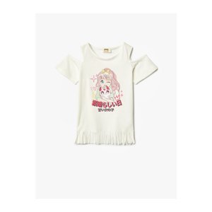 Koton T-Shirt Anime Printed Tasseled Short Sleeve Window Detail Cotton