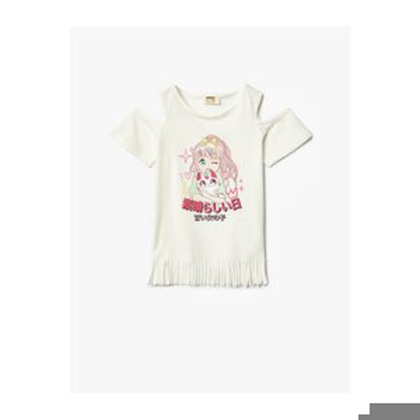 Koton T-Shirt Anime Printed Tasseled Short Sleeve Window Detail Cotton