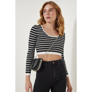 Happiness İstanbul Women's Black Striped Ribbed Crop Knitwear Blouse