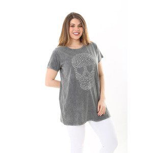 Şans Women's Plus Size Gray Cotton Fabric Stone Detailed Short Sleeve Blouse