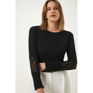 Happiness İstanbul Women's Black Lace Wrap Ribbed Knitted Blouse