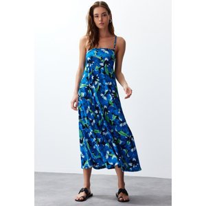 Trendyol Blue Printed Square Neck A-Line Crepe/Textured Knitted Maxi Dress