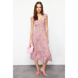 Trendyol Lilac Floral Print Square Collar A-line Viscose Midi Woven Dress