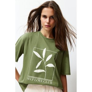 Trendyol Khaki 100% Cotton Printed Relaxed/Wide Relaxed Cut Crew Neck Knitted T-Shirt