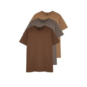 Trendyol Brown-Beige-Grey Basic Slim/Narrow Fit 100% Cotton 3-Pack T-Shirt