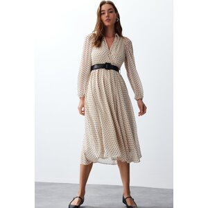 Trendyol Beige Belted Polka Dot Chiffon Lined Midi Woven Dress